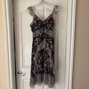 Sugarlips Black Floral & Leopard Ruffle Chiffon Midi Dress